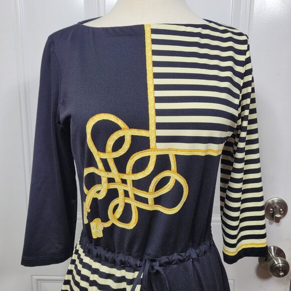 J. McLaughlin Black Gold 3/4  Sleeve Striped Drawstring Dress Size M - Picture 3 of 10